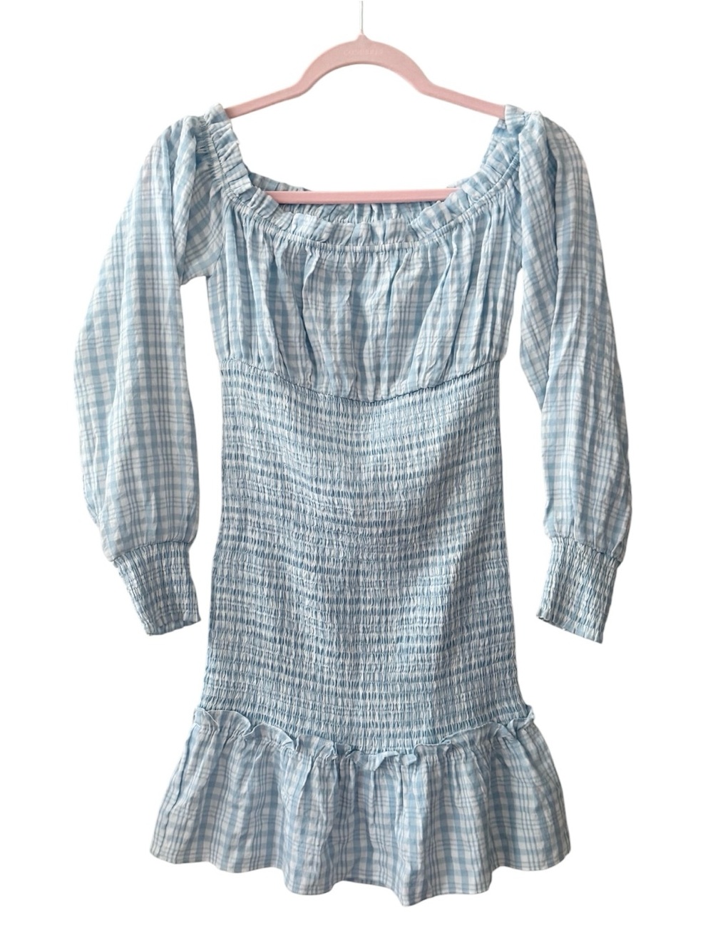 Leche Light Blue Plaid Smocked Off-Shoulder Dress Size S